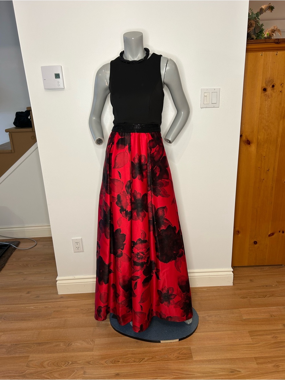 Black & Red Floral Ball Gown Prom Dress with Beaded Waist